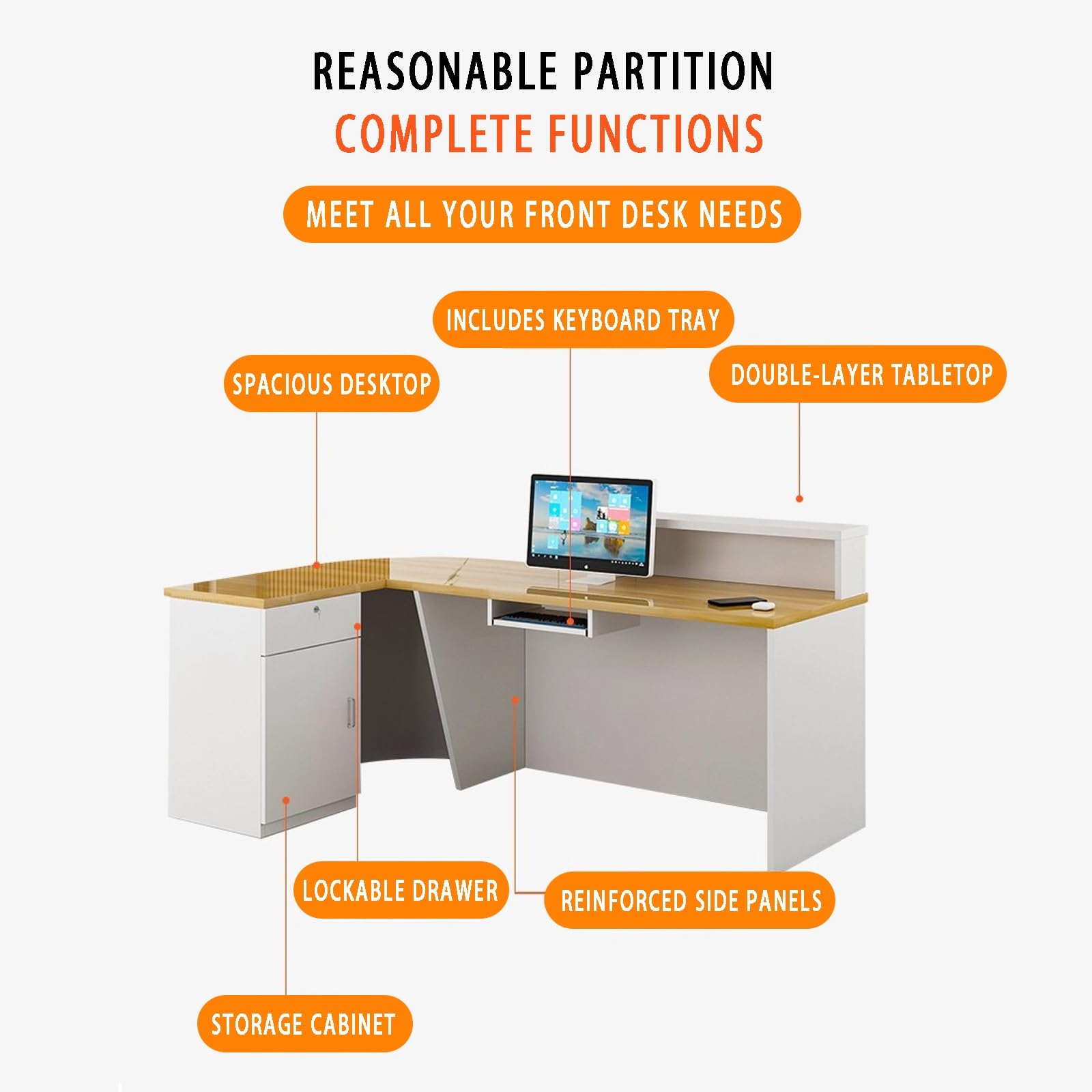 Banco Reception A L Con Ripiano Per Tastiera, Cassetto Con Serratura, Luce LED, Griglia In Legno Massello, Adatto Per Negozi Di Abbigliamento, Hall(Gray,RIGHT_180X60X100CM)