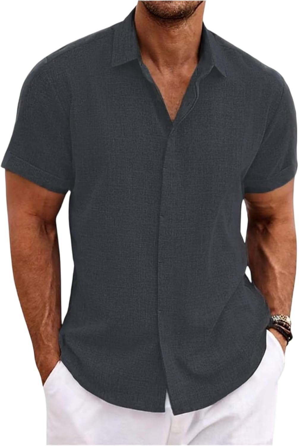 RTRDE Men's Casual Button-Down Shirts Short Sleeve Solid Color Summer Casual Hawaiian Beach Dress Shirts, S-3XL