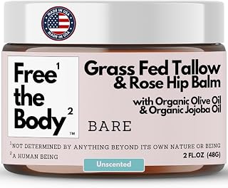 Grass Fed Tallow Balm, Moisturizing Dry Skin Care, 2 Fluid Ounces, All Skin Types, Natural Ingredients with Rosehip Oil and Olive Oil (2oz, Bare (unscented))