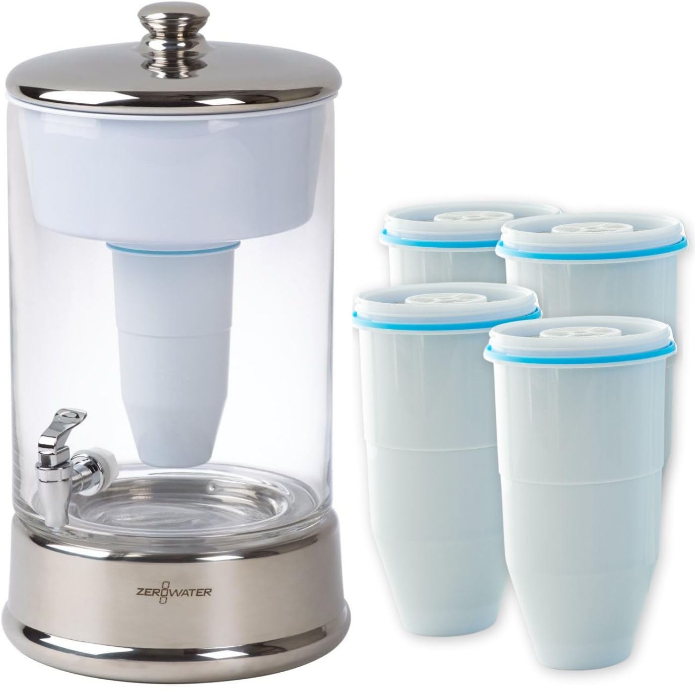 ZeroWater Combo Dispensador de Agua filtrada de 9 litros de Cristal con 5 Filtros y Medidor de Calidad de Agua incluido, Libre de BPA y certificada para Reducir el Plomo y Otros Metales Pesados