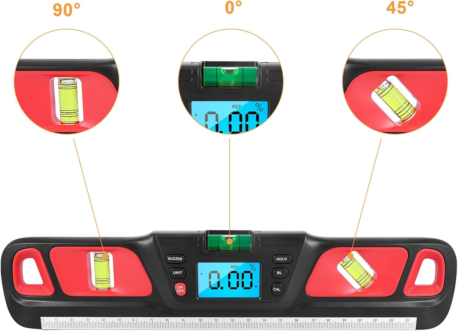 Protractor HW 200 digital level angle ruler Digital Angle Finder Stainless steel level ruler Digital protractor (Red)