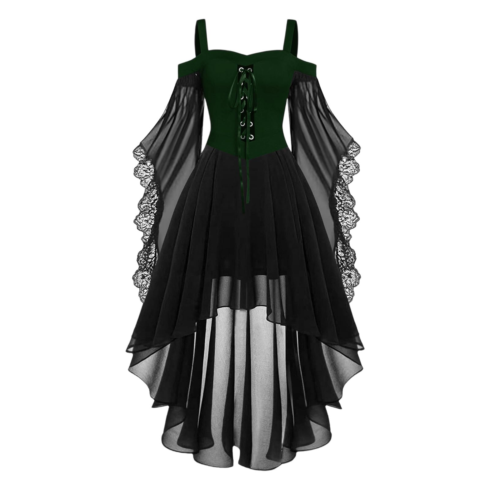 HAOLEI Medieval Costume Women, Halloween Dresses Vintage Lace Renaissance Victorian Dress Cold Shoulder Butterfly Sleeve Retro Steampunk Rockabilly Goth 80s Dress Ladies