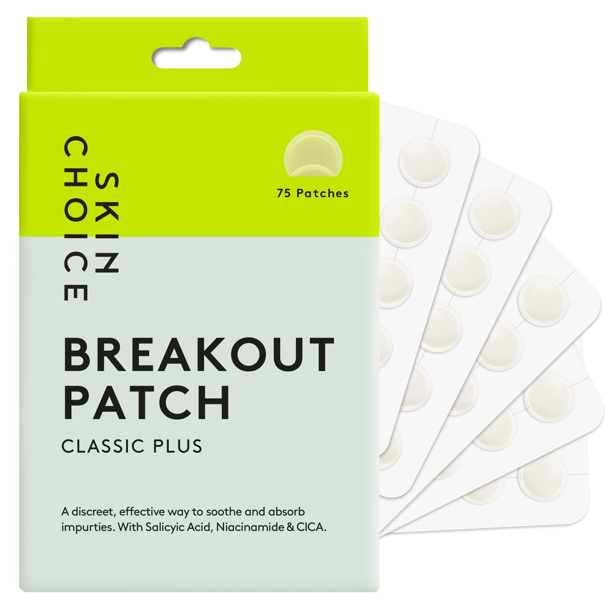 SKIN CHOICE Pickel Patch Salicylsäure, Niacinamid, Teebaumöl – Breakout Pimple Patches Classic Plus – Unsichtbare Pickelpatches Gesicht Hydrokolloid Pickel Pflaster, Vegan, Tierversuchsfrei (75 Stück)
