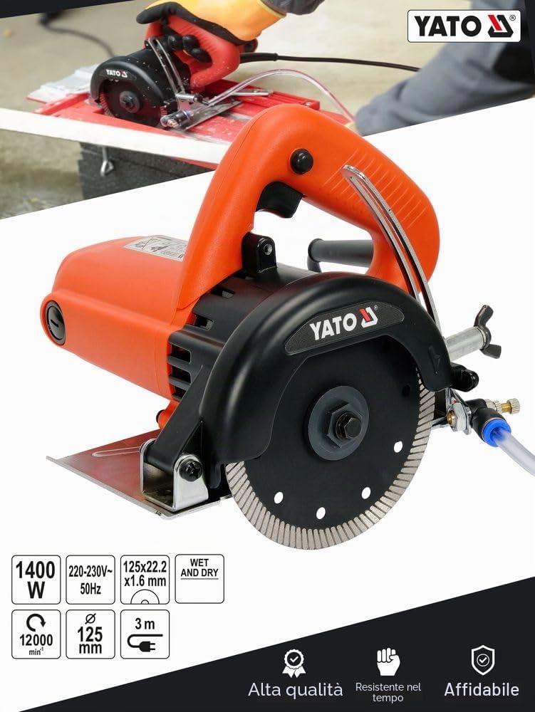 YATO Sega da taglio professionale a secco, 1400 Watt, con disco diamantato Ø 125 mm, 12000 giri/min, profondità di taglio regolabile max. 38 mm, acqua regolabile