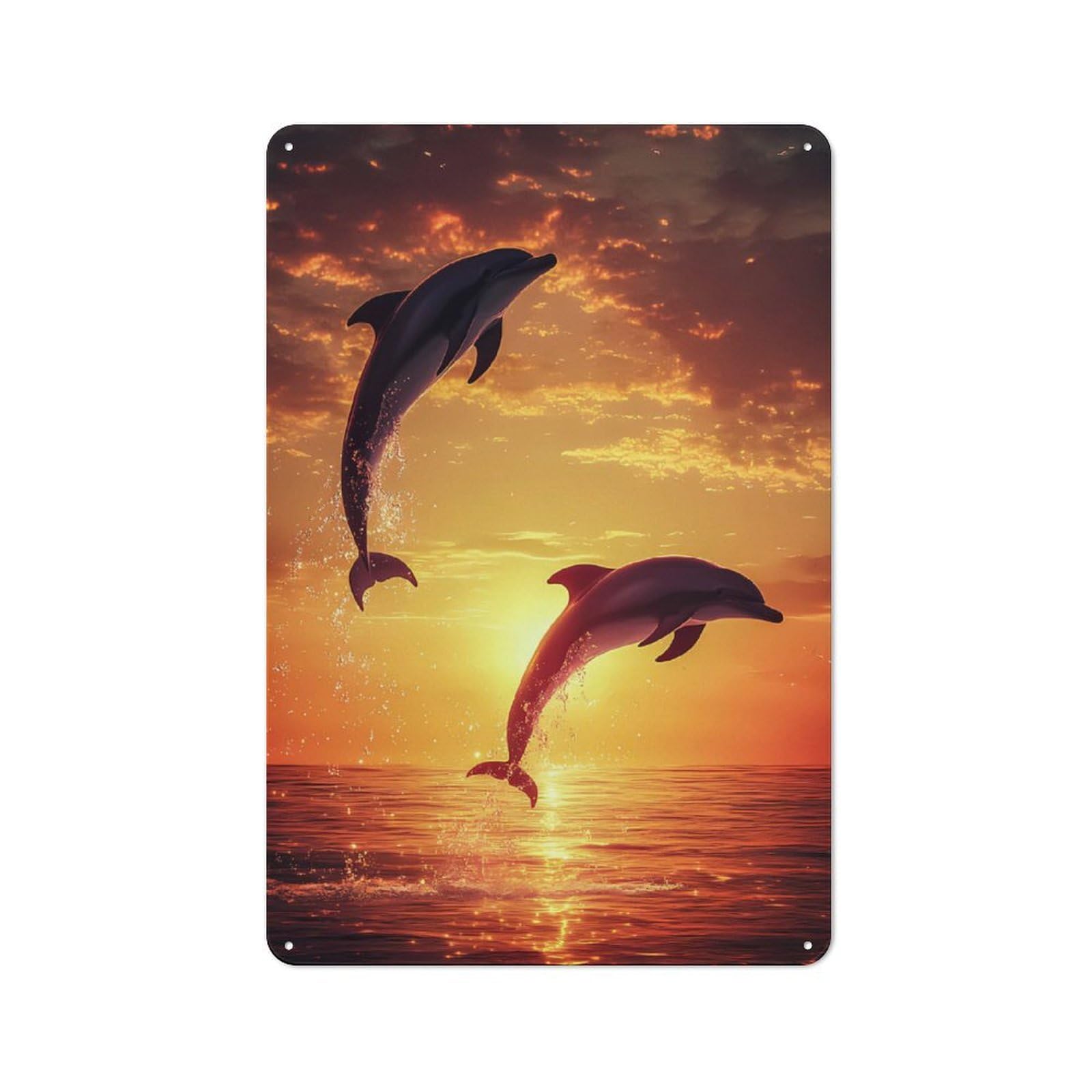 Junmoney Style-21 Loft Style Metal Wall Sign 30X20cm Featuring Dolphins Jumping At Sunset, Studio Wall Art For Loft, Studio, Office Or Creative Room
