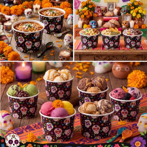 Image of Funnymoom 50 Pack Day of the Dead Paper Ice Cream Cups 9 oz Sugar Skull Disposable Dessert Bowls Soup Bowls Dia De Los Muertos Treat Snack Cups for Hot or Cold Food Halloween Mexican Party Supplies