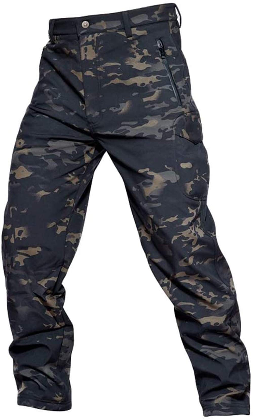 Czen Men's Tactical Camouflage Softshell Pants Military Fleece Lined Multipockets Outdoor Trekking Pants Waterproof Hunting Pants Warm Thickened (cp black,M)