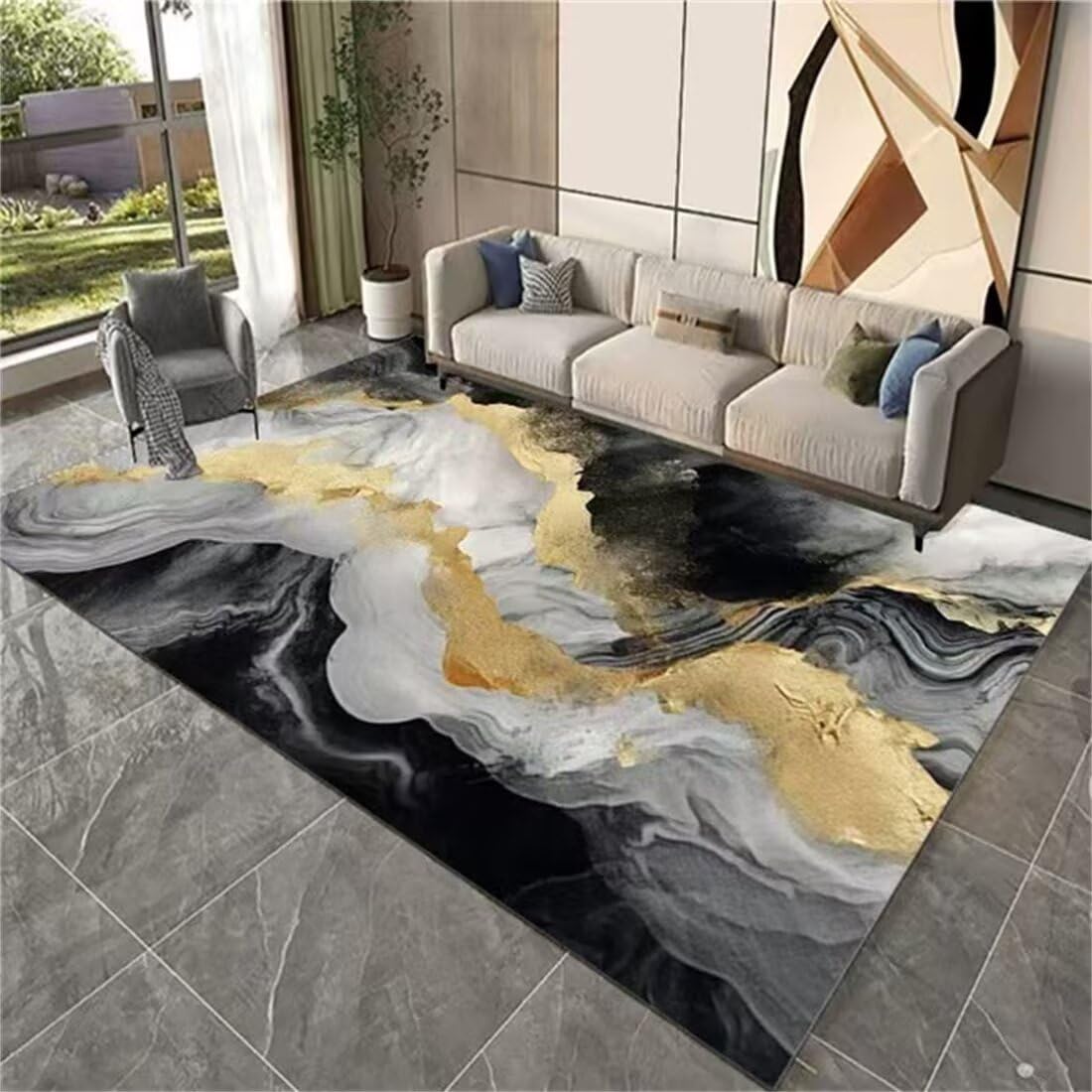 Décoration chambre fille avec un grand tapis jaune et noir tendance