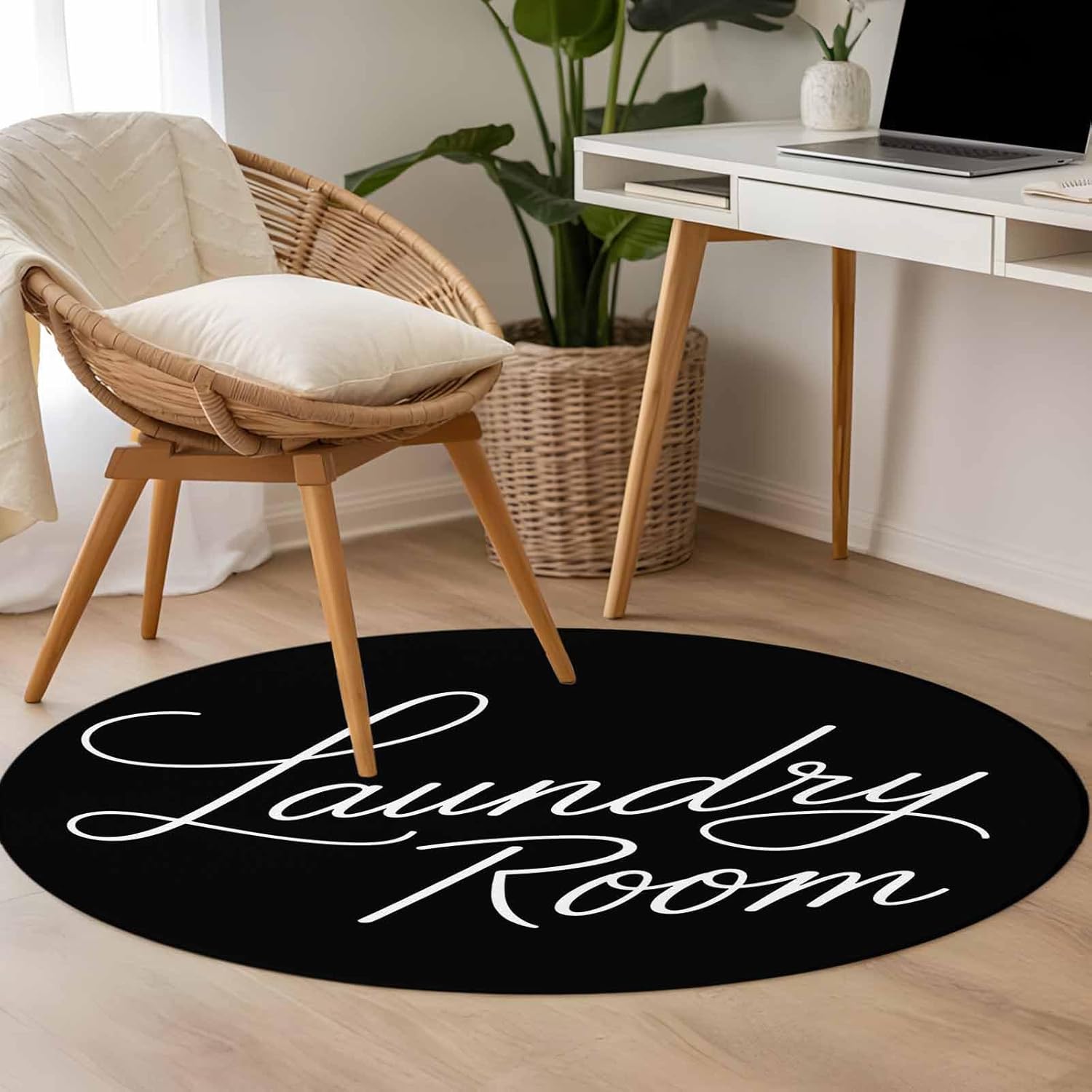 Round Area Rug 3ft Laundry Room Floor Carpets Indoor Floor Area Mat Stain-Proof Mat Circle Rugs for Living Room Dining Room Kitchen Bedroom, Black Modern Sofa Throw Carpet