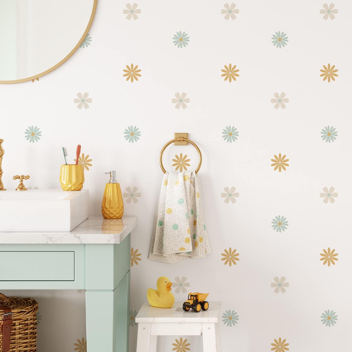 Neukids 72pcs Boho pegatinas infantiles,margarita verde amarilla pegatinas pared decorativas infantiles,adecuado para sala de estar, dormitorio, jardín de infantes