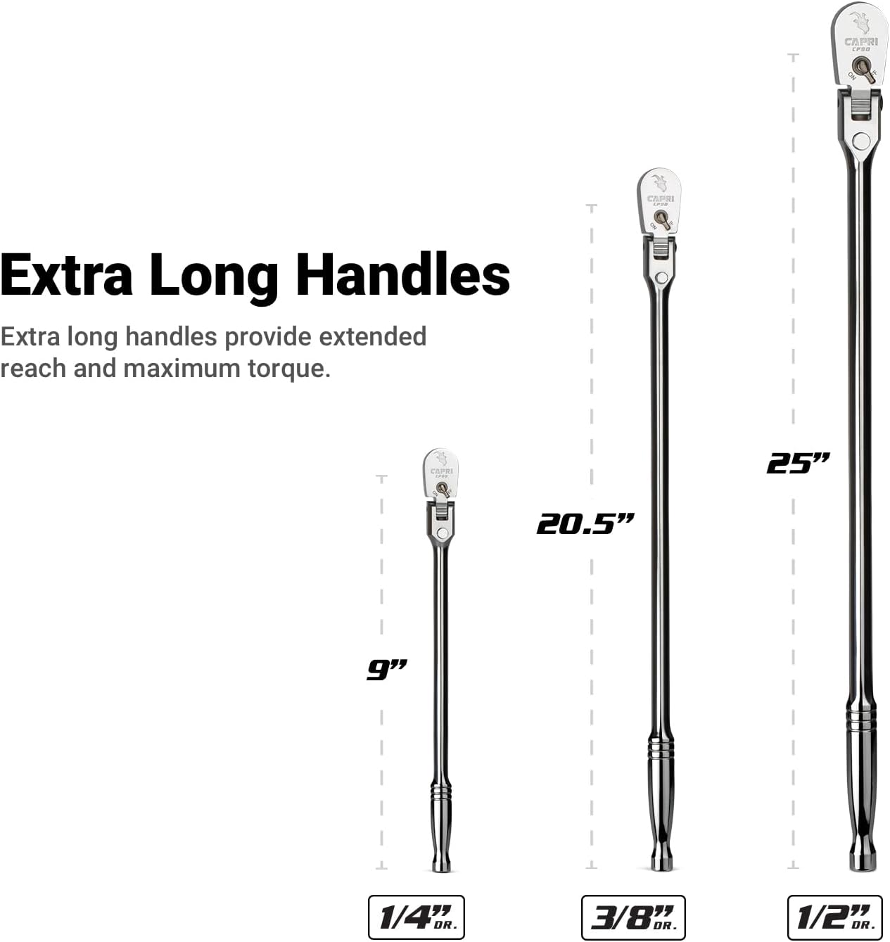 Capri Tools Fine 90-Tooth Locking Flex-Head Ratchet Set, Extra Long Chrome Handle, 1/4, 3/8, 1/2 in. Drive, 3-Piece