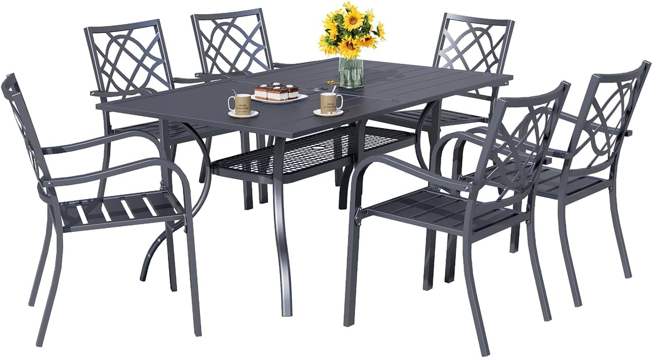 7 Pieces Patio Metal Furniture Outdoor Dining Set with 6 Stackable Bistro Chairs, and 60'' x 37'' Rectangle Table with Umbrella Hole (Black)