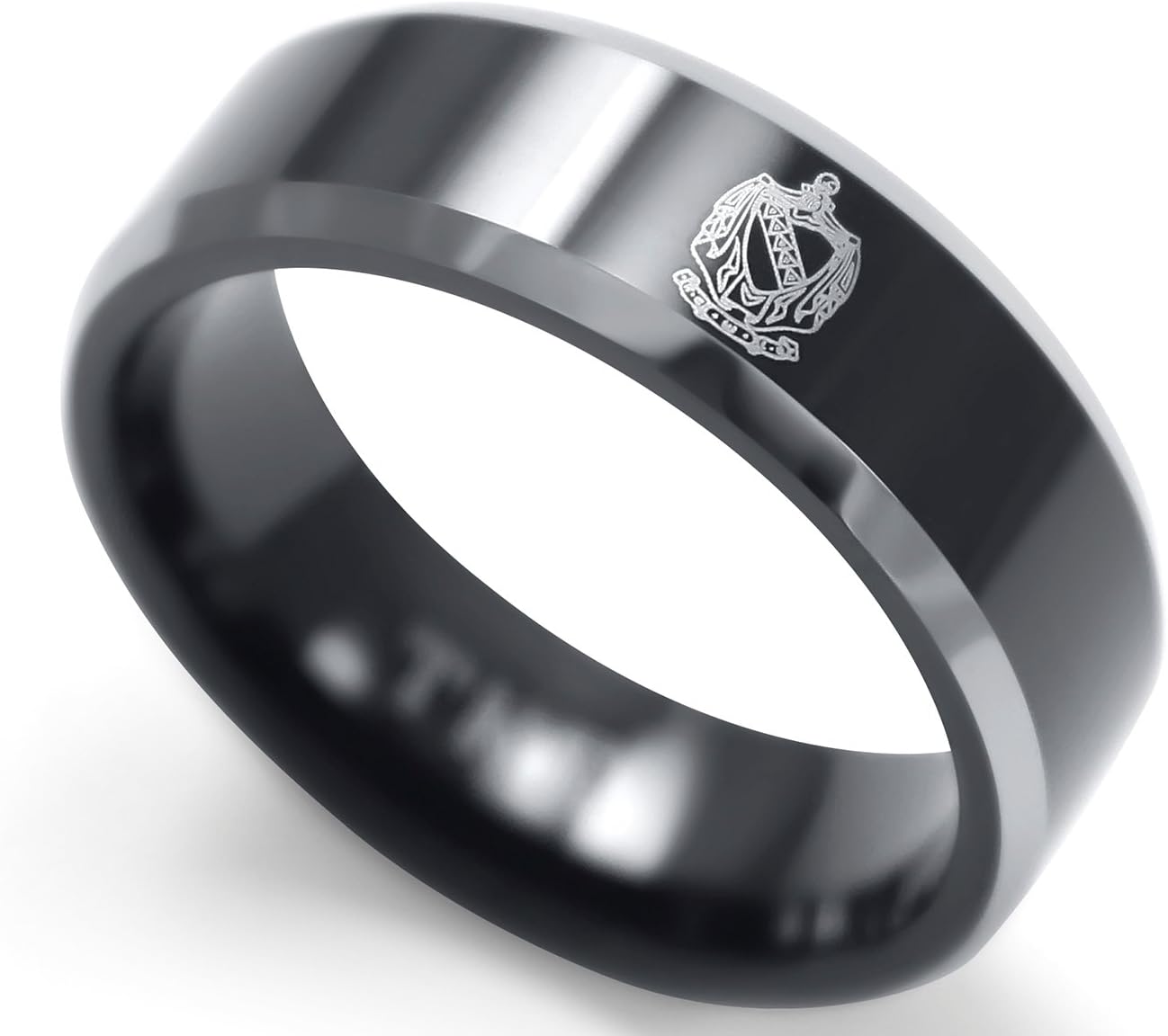 Tau Kappa Epsilon (TKE) Fraternity Black Tungsten Ring with Crest and Greek Letters