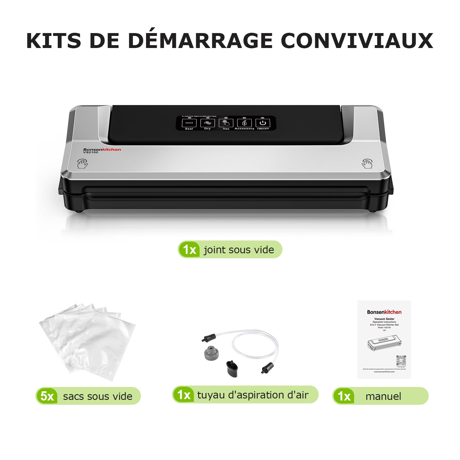 Bonsenkitchen Machine Sous Vide Alimentaire - Appareil de Mise Sous Vide pour La Cuisson Sous Vide et La Conservation des Aliments Frais, Y 5 Compris Les Sacs Sous Vide