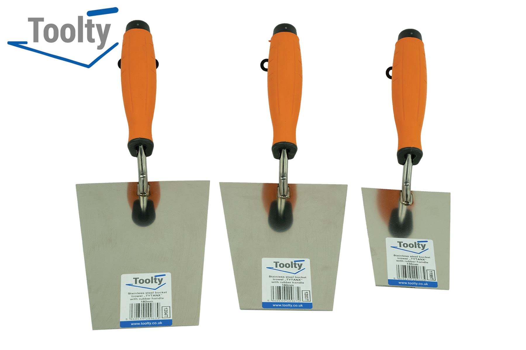 Toolty Stainless Steel Bucket Trowel, Set 130, 160, 180mm, Rubber Handle, for Scooping and Scraping: Mortar, Cement, Plaster - Image 3