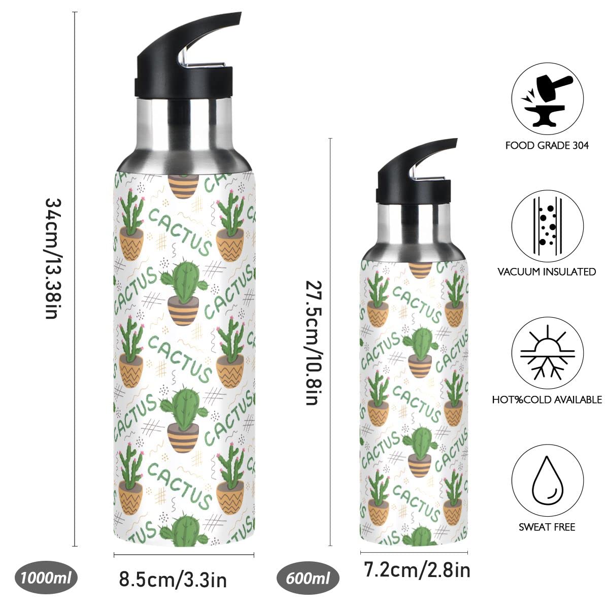 Edelstahl-Wasserflasche mit Strohhalm, niedlicher Kaktus-isolierter Trinkflasche, Sport-Wasserflasche für Kinder und Erwachsene, auslaufsicher, 1 l