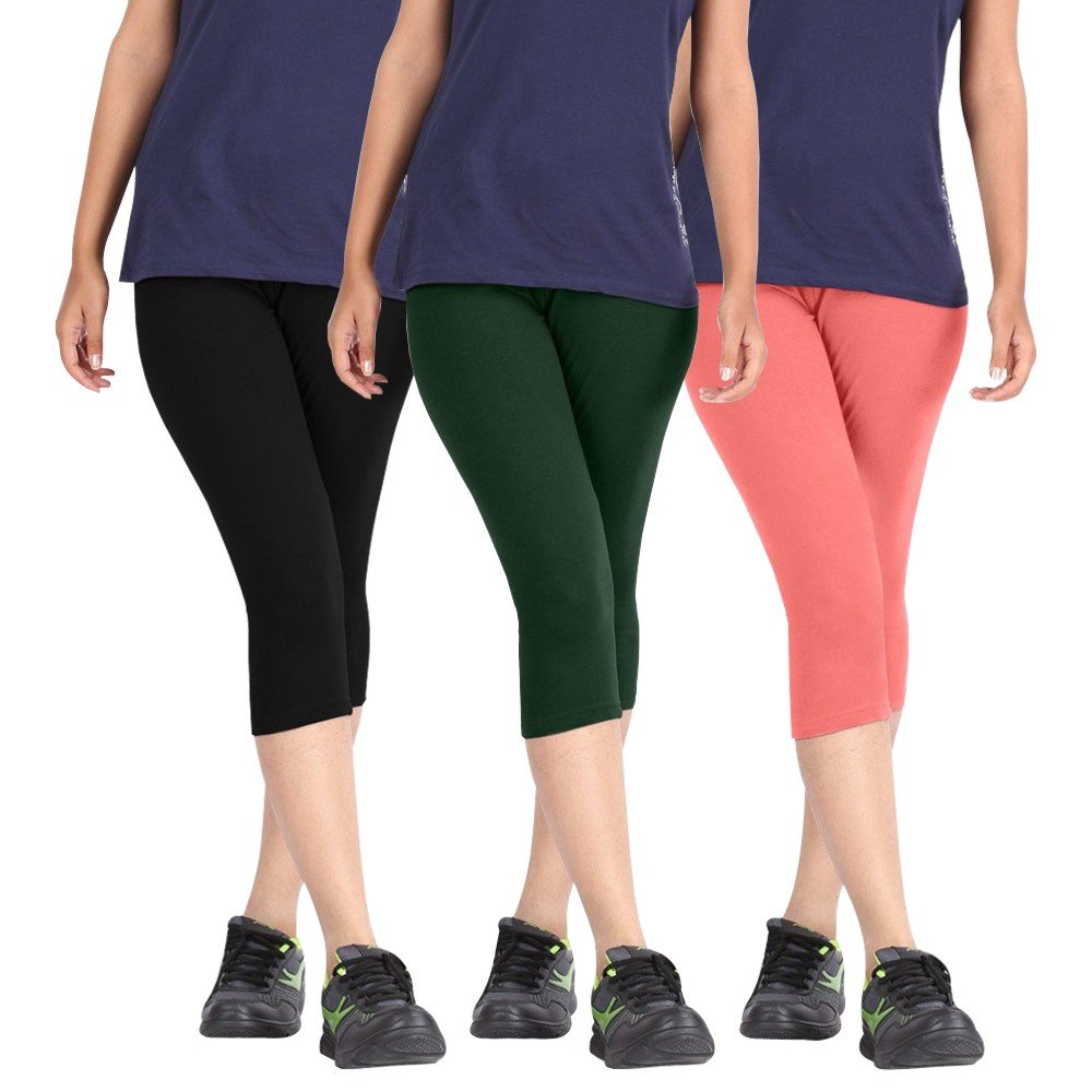 Biowashed Cotton Stretchable Capri Legging Combo Pack of 3 for Women/Girls/Ladies (Black, Dark Green and Baby Pink) - Free Size-picture-19