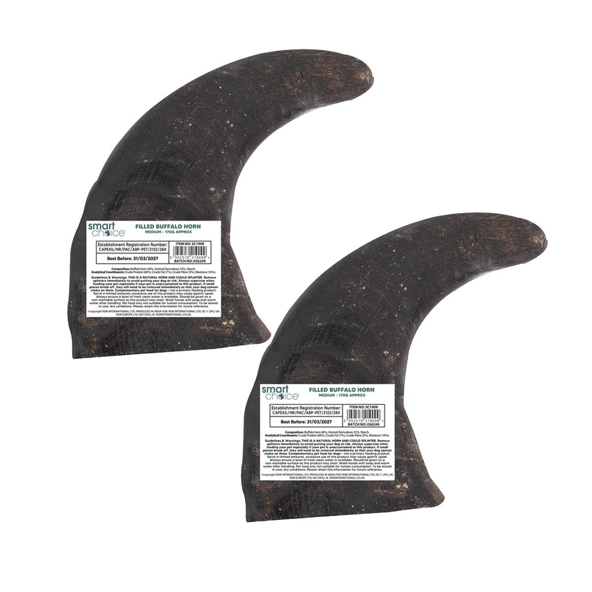 Pack of 2 Meat Filled Buffalo Horn Treat - Pet Dog Puppy Natural Snack Chew High Protein Reward For Good Behaviour - Promotes Dental Hygiene Supports Healthy Teeth & Gums Teething