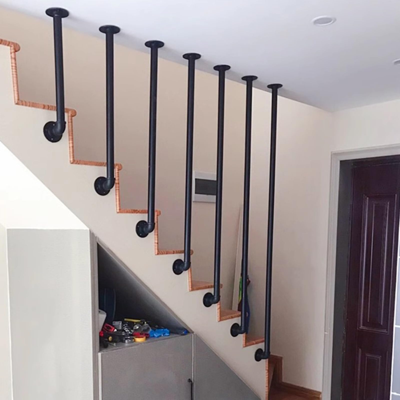 FKXSXAZ L-Shaped Staircase Banister, Stair Handrail Grab Bar Wrought Iron Round Tube Black 1-5ft for Indoor Outdoor(1ft/30cm)