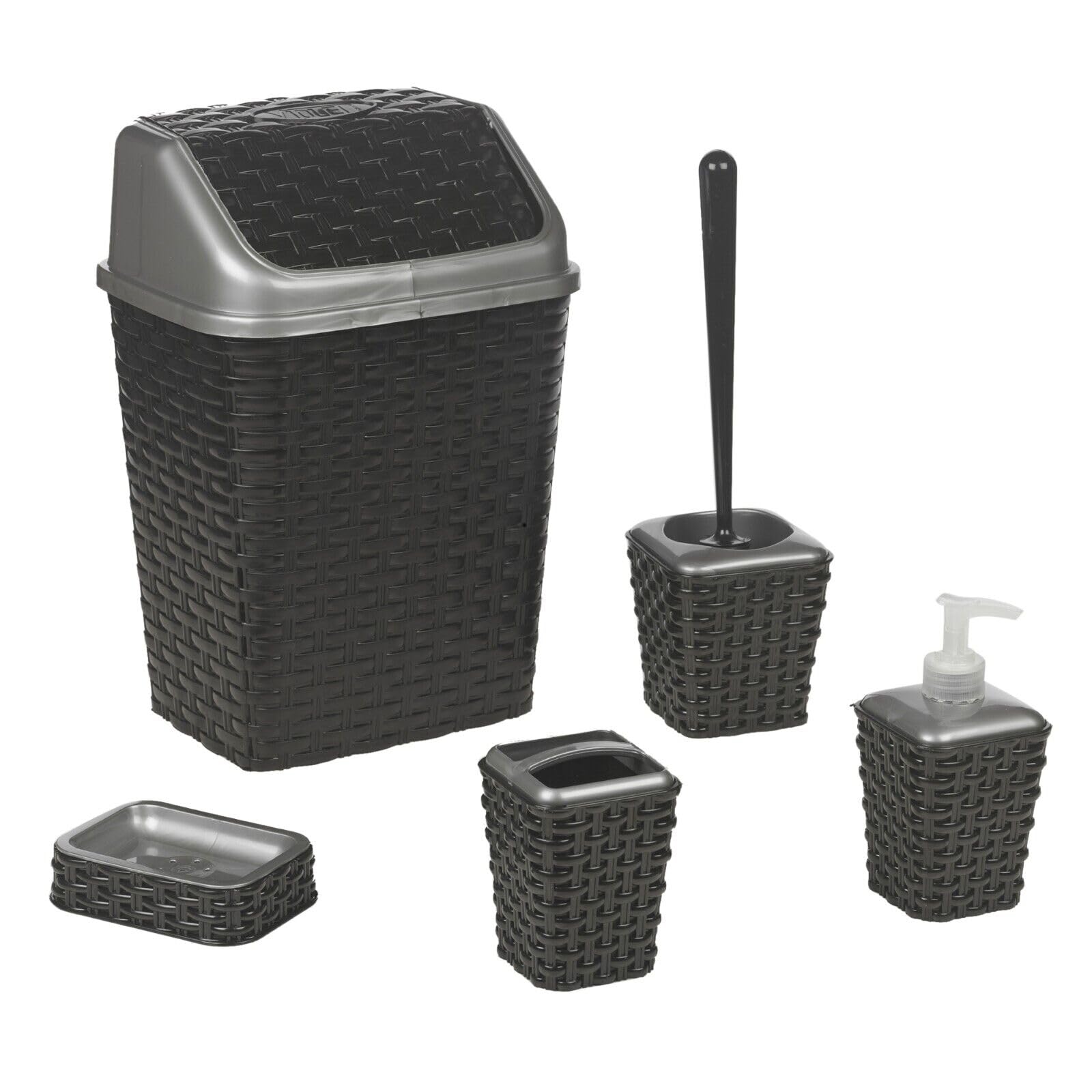 Urbnliving Black 5 Pc Rattan Bathroom Bin Toilet Bowl Brush Toothbrush Soap Dispenser Holder Set (Black)