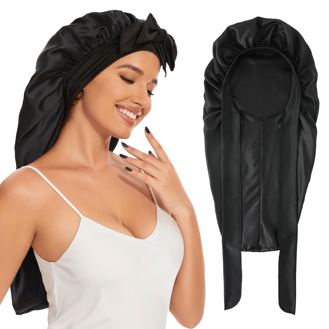 Long Satin Bonnet for Sleeping, Satin Lined Braid Bonnet with Elastic Band, Adjustable Long Strap Bonnets for Women Braids Dreadlock Curly Hair(Black)