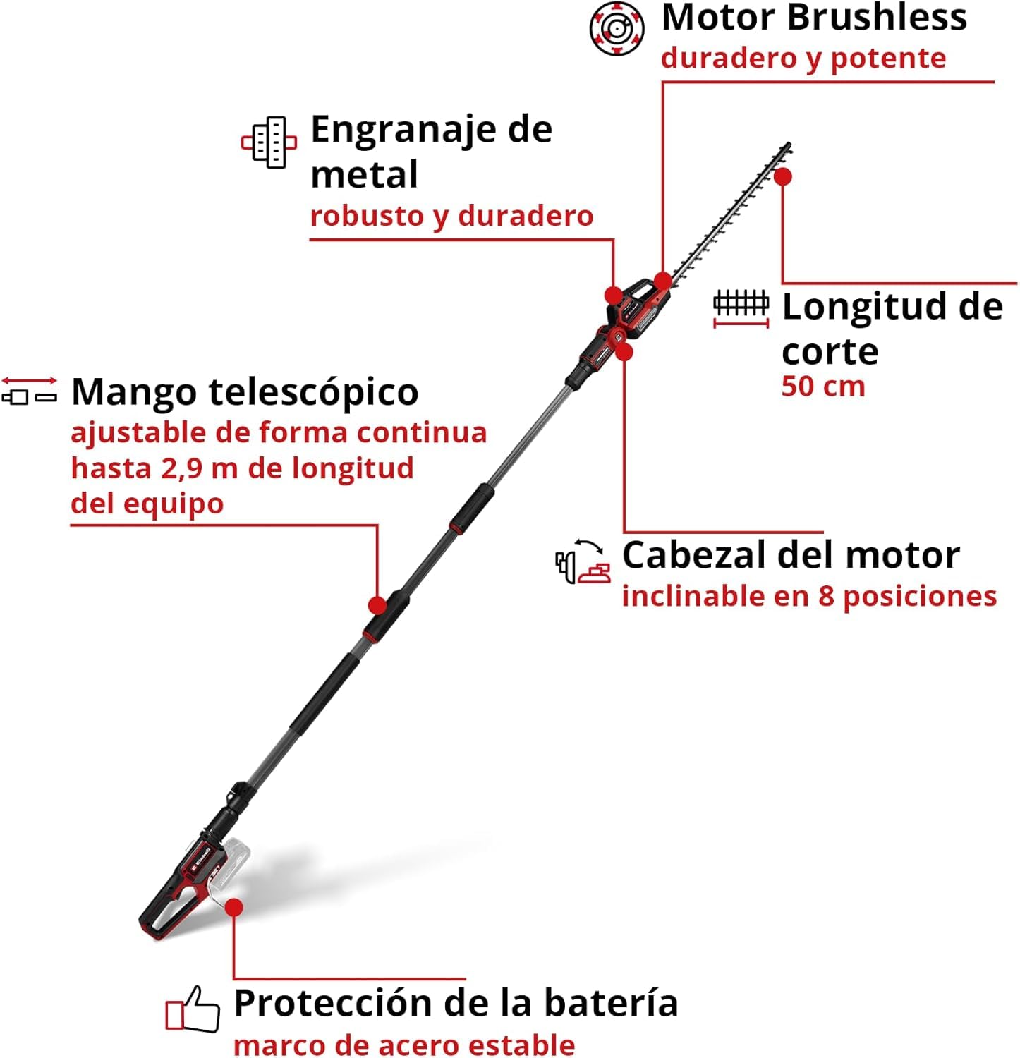 Cortasetos telescópico con batería GP-HH 18/50 Li T BL-Solo Einhell Professional Power X-Change (18V, longitud de corte 50 cm, distancia entre dientes 25 m, Brushless, 8 veces inclinable, sin batería)
