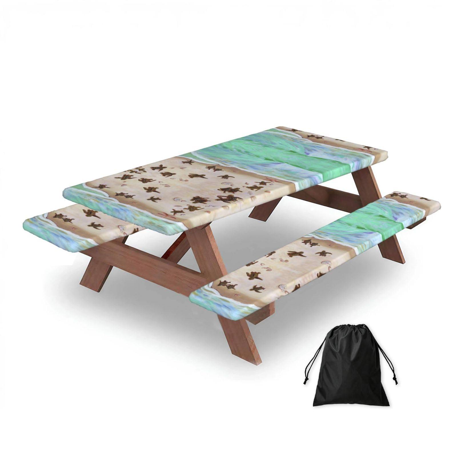 ESNAIUVCD Turtle Beach Print Picnic Table Cover With Bench Covers,Camping Essentials,Fitted Tablecloth Cover With Elastic Edge, For Indoor & Outdoor 3 Pcs