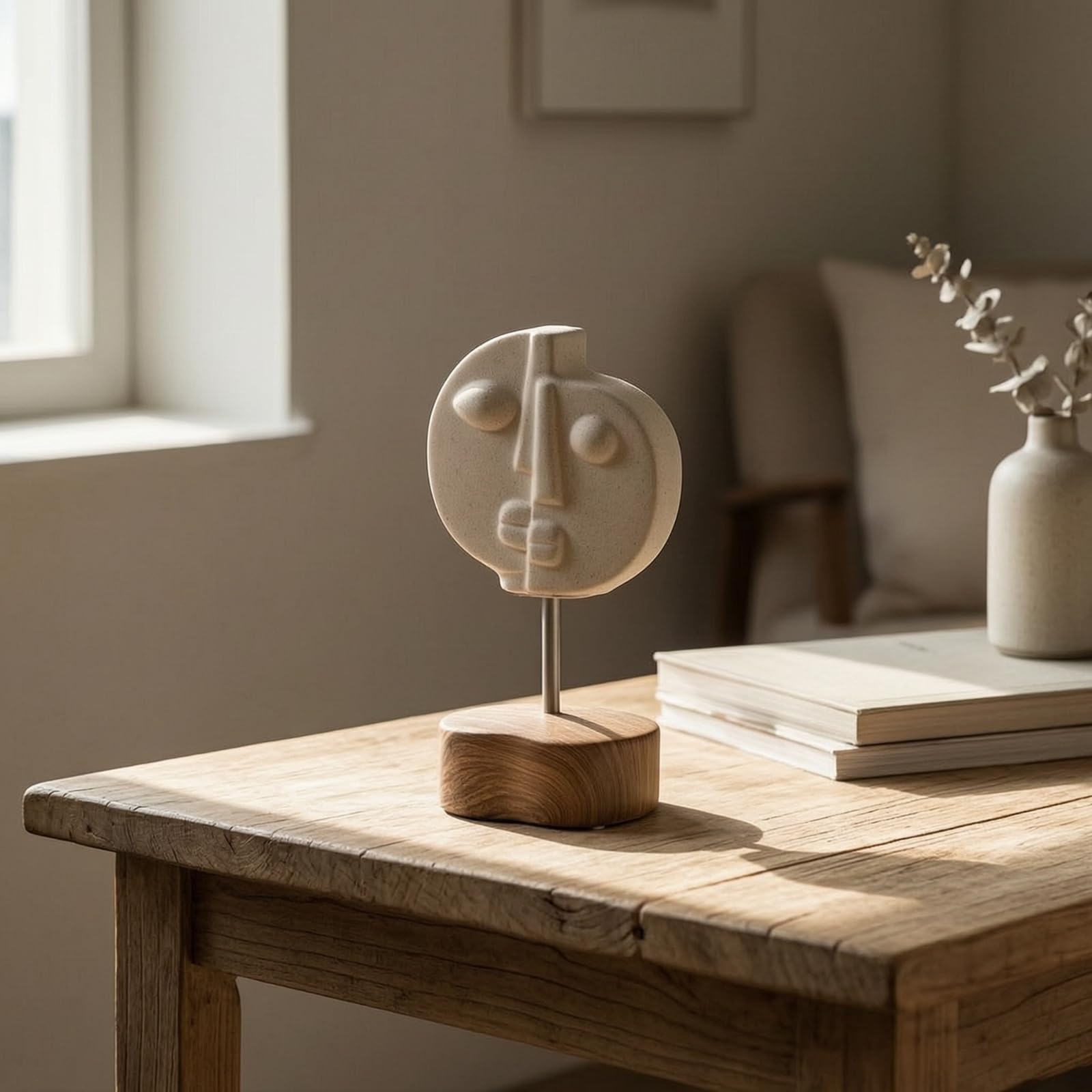 Scultura a Forma di da Tavolo Statuetta con Base in Legno Bifacciale Busto Astratto per Collezionisti D'arte, Soggiorno, Ingresso, Ufficio