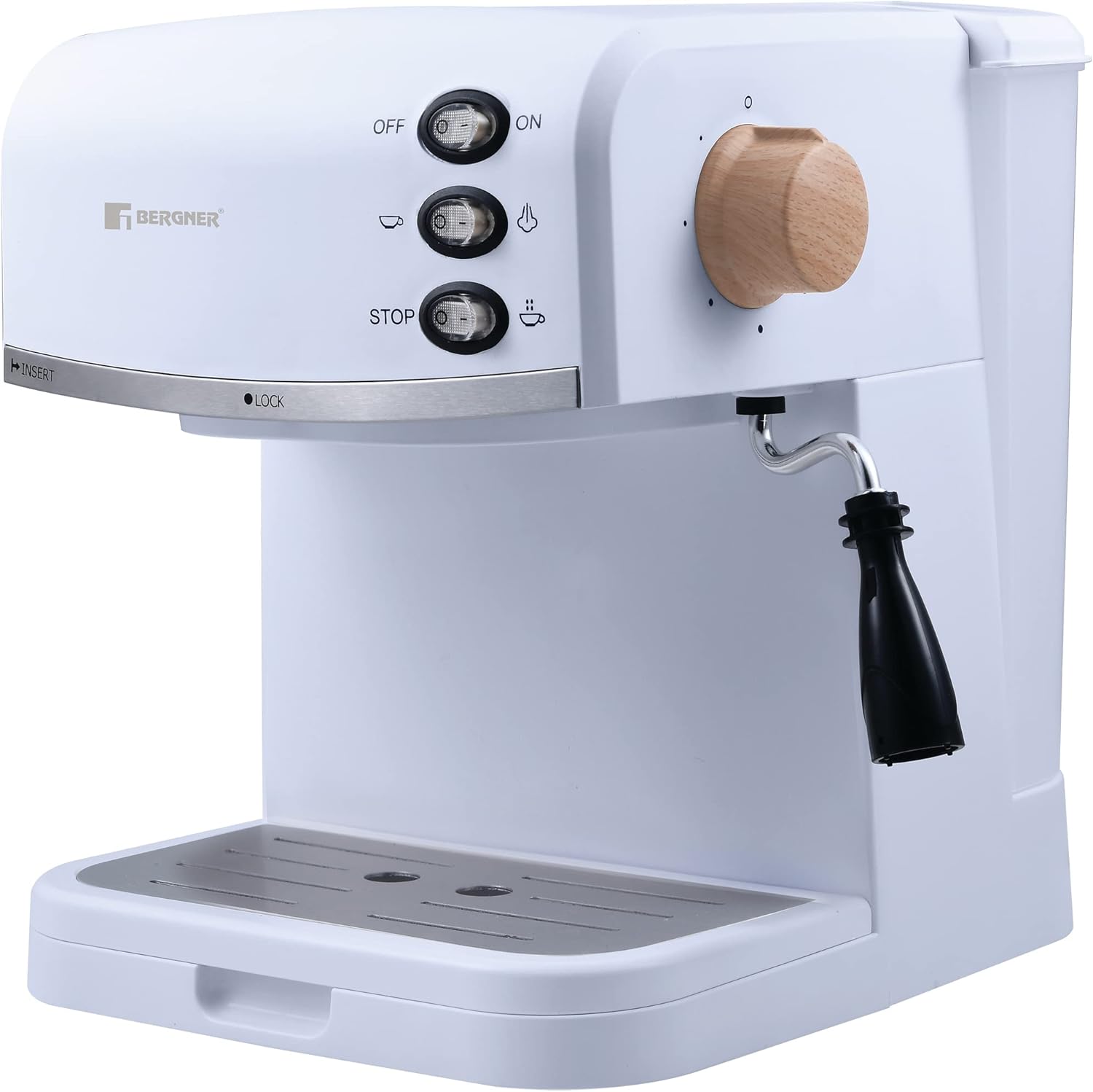 Angled view of the BERGNER Naturelle Electric Coffee Maker, showing controls and steam wand