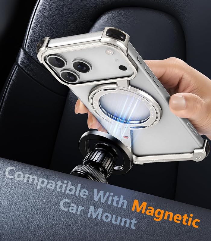 Image of Z Shaped Frameless Metal Bumper Compatible with iPhone 17 Pro with 360 Rotate Ring Kickstand | Luxury Aluminum Armor Case | Super Slim Metal - Silver