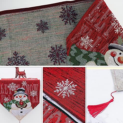 PLCatis Christmas Table Runner 33*183cm Xmas Table Runner Red Cozy Christmas Decorations Table Embroidered Snowman Snowflake Pattern Dining Table Decoration for Christmas Decor 1-Pack