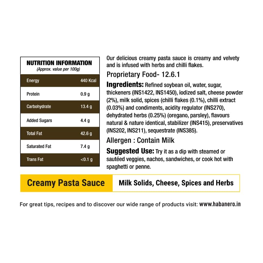 Image of Habanero Creamy Pasta Sauce | Rich & Cheesy White Sauce for Pasta, Pizza & Garlic Bread | Ready to Cook | 350g