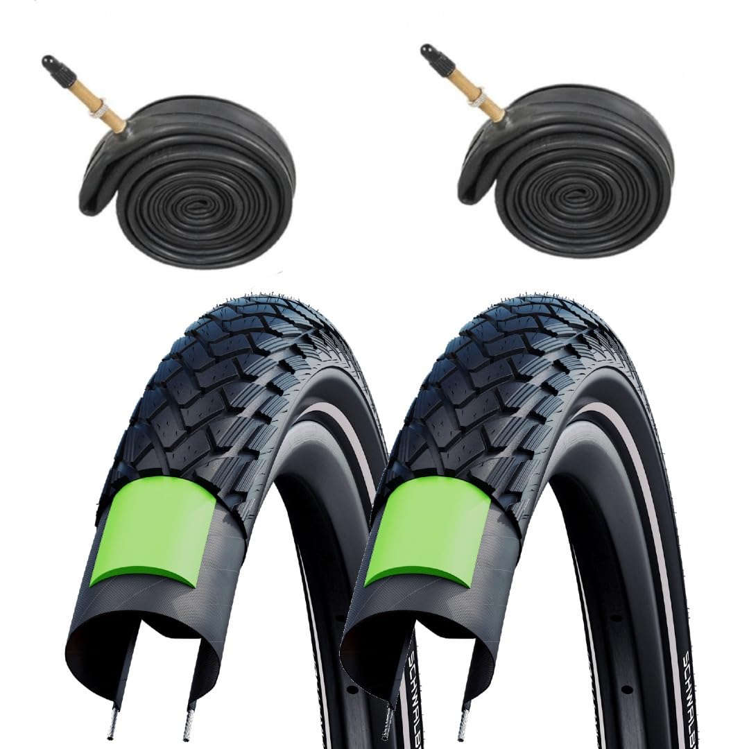 Schwalbe Green Marathon 700 x 28c Road/Touring/Hybrid Bike tyres (Pair) + Matching SV15 Presta Valve tubes (pair)
