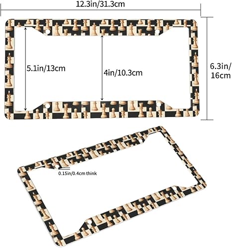 Miniatura 2 de 2 marcos de matrícula de automóvil para mujeres y hombres, cubierta sólida de aluminio con estampado vintage de ajedrez para placa de matrícula para