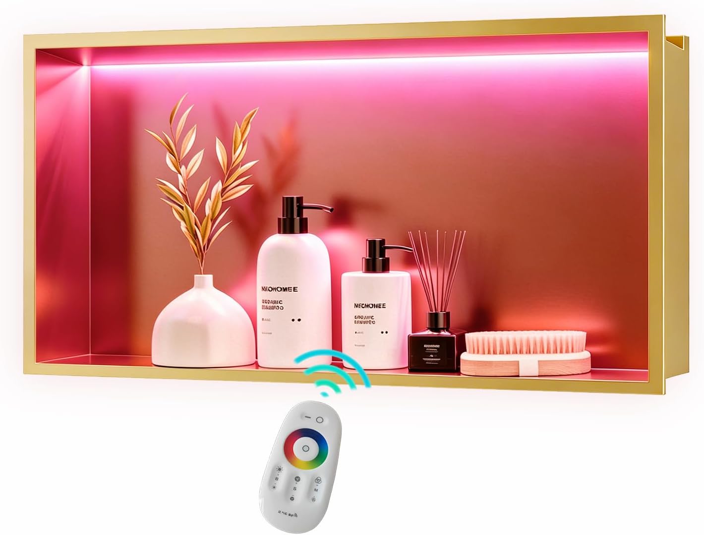 RGB LED Light Shower Niche, Gold 24X12 in Stainless Steel Wall Niche with Remote Control, Waterproof No Tile Needed Wall Niche for Bathroom Storage Over Mount Installation