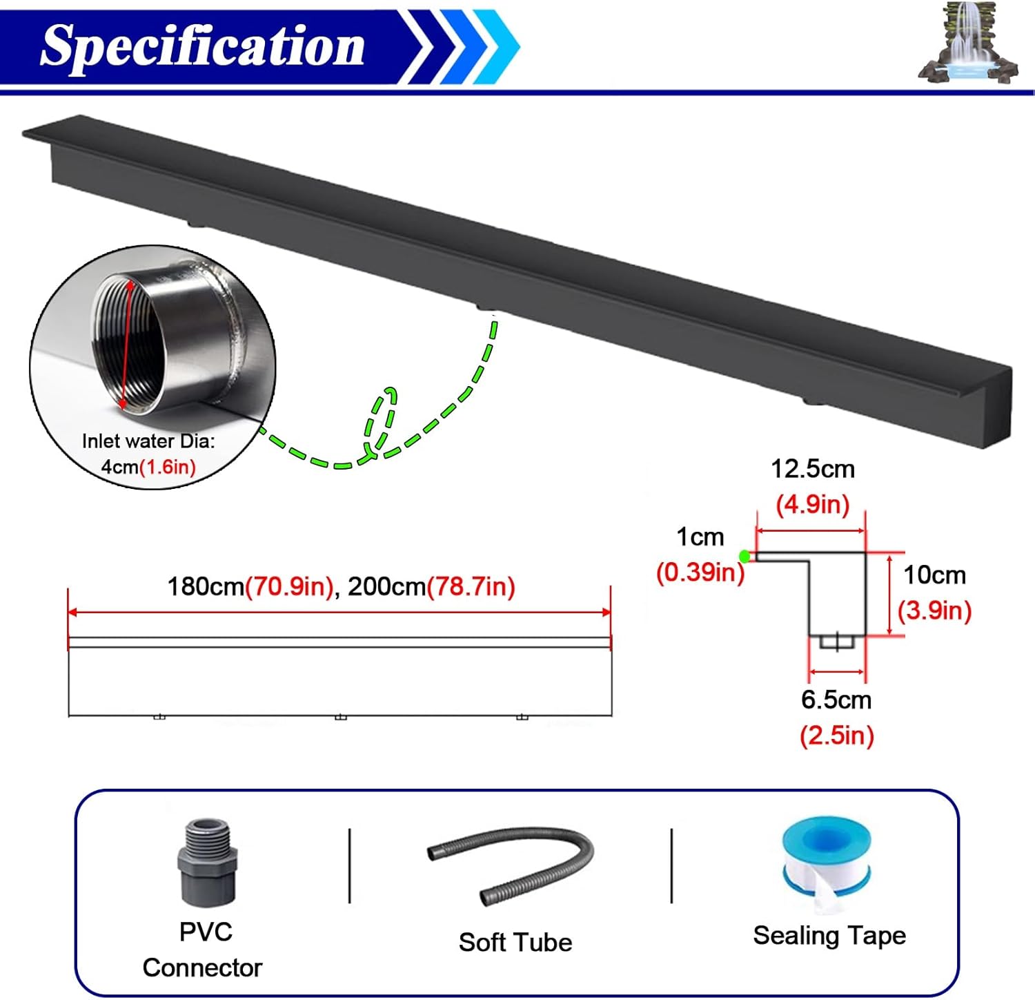 Heavy Duty Stainless Steel Pond Waterfall Spillway Kit - Indoor/Outdoor Fountain Outlet for Gardens, Hotels, Schools - Flush Mount with Custom Width Fittings (Black)