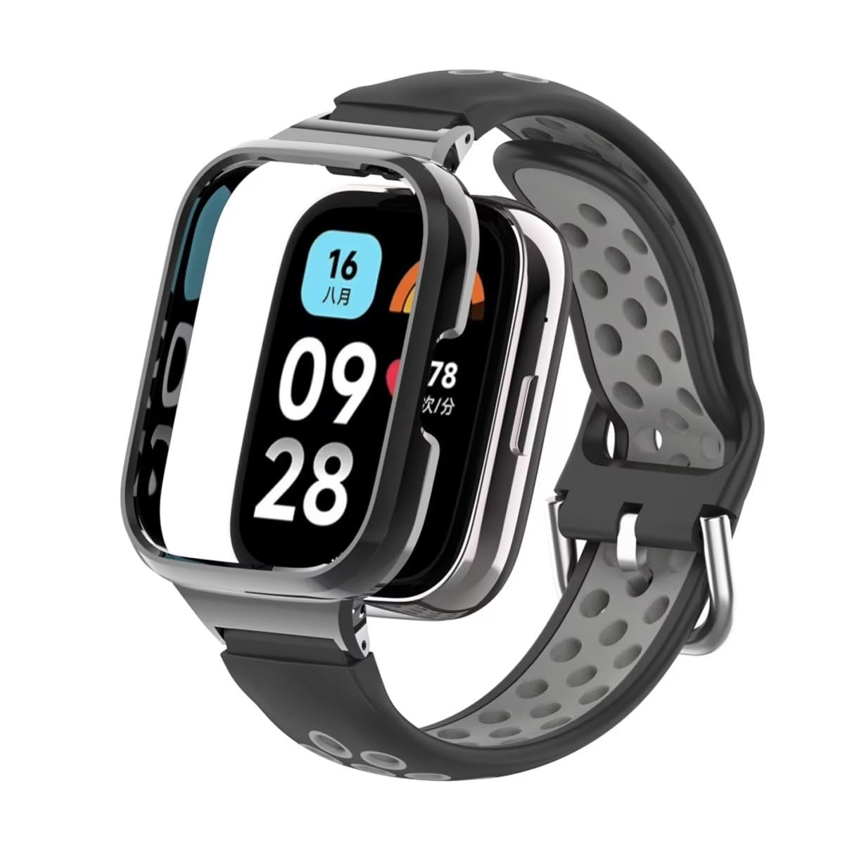 T-BLUER Strap Compatible with Xiaomi Redmi Watch 3 Active,Silicone Breathable two-color Watch Band Stainless Steel Metal Protective Frame Bracelet Accessories for Redmi Watch 3 Active Black Gray
