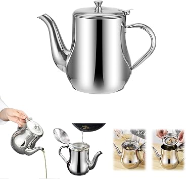 Stainless Steel Oil Filter Pot, Kitchen Oil Dispenser, Grease Container with Removable Strainer, Oil Separator for Cooking, Tea Pot Kettle, Oil Separator Grease Storage Can 13oz