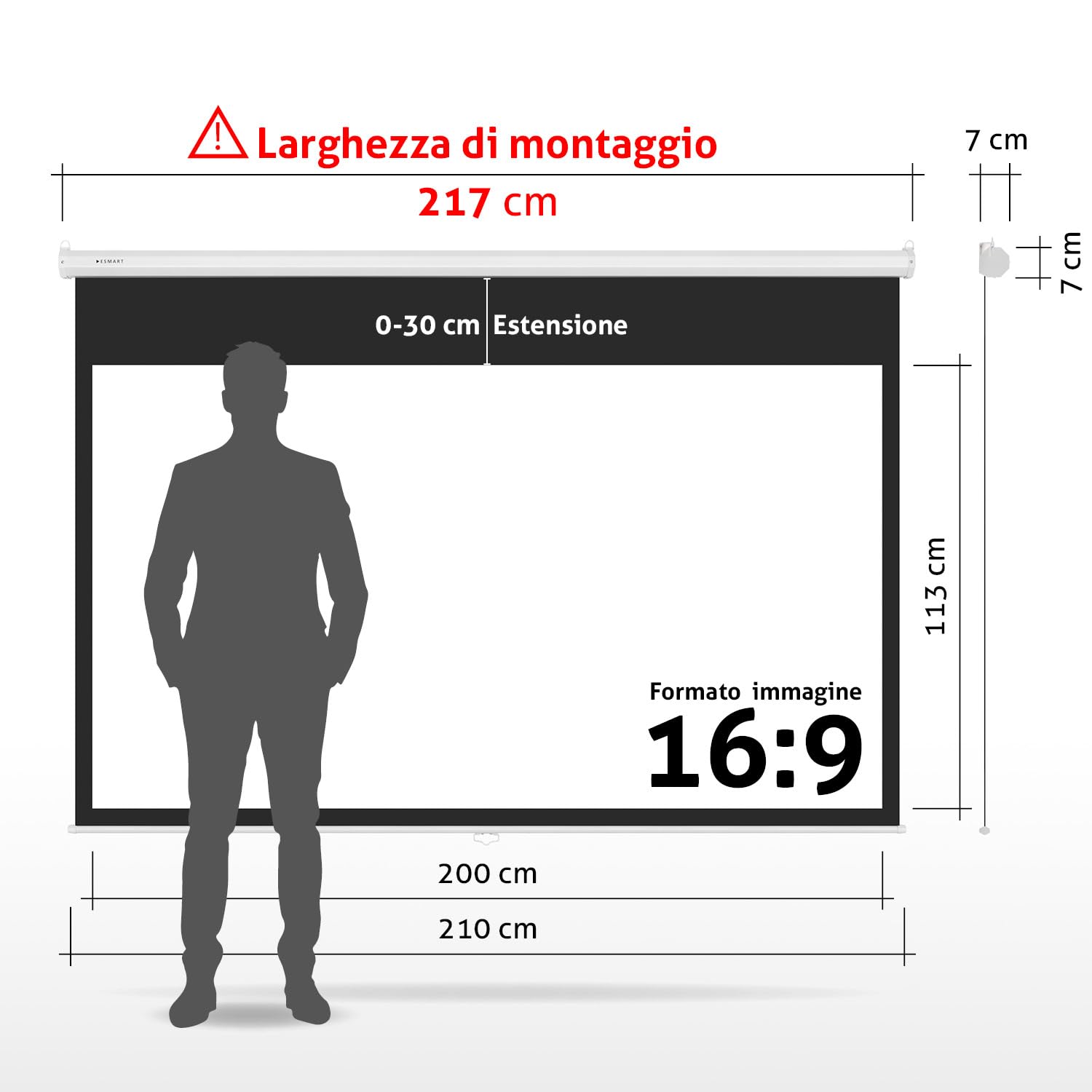 ESMART Economia EXR Schermo di rollo manuale 217 cm Immagine 200 x 113 cm (90") | Formato 16:9 | Schermo per proiezione proiettore home cinema Schermo per tende a rullo LCD LED