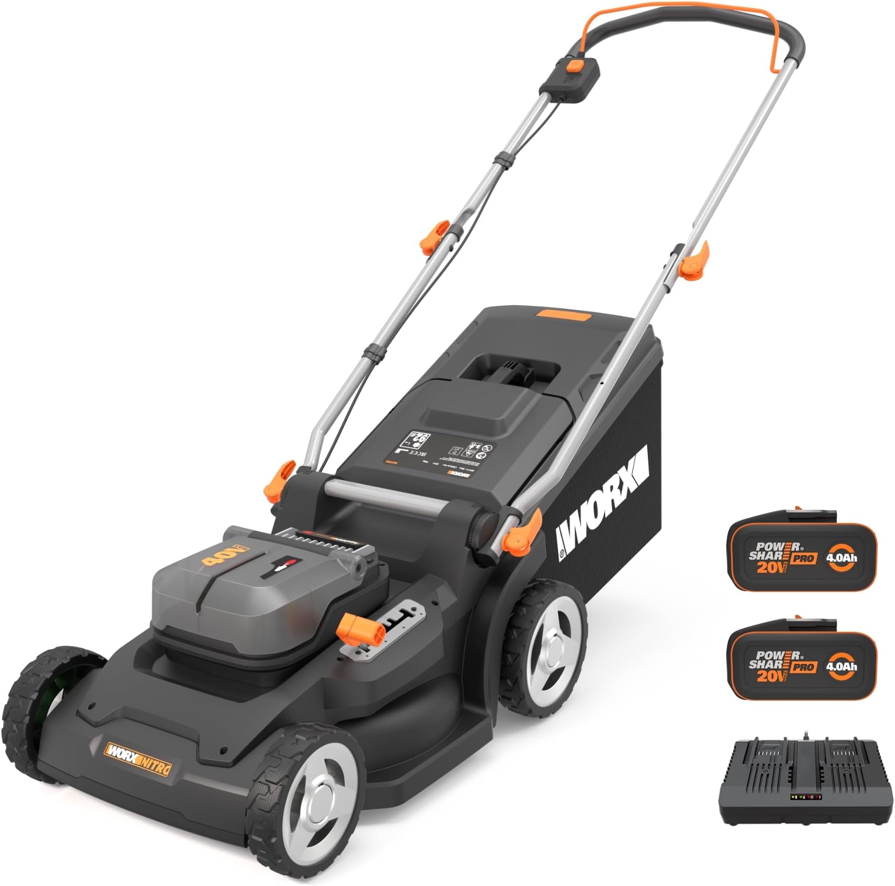 WORX WG745E 40V Brushless Cordless Lawnmower | Up to 650m² | 41cm Deck | IntelliCut | 6-Height Adjust | 2-in-1 Mulch & Collect | 50L Bag | 2x 4.0Ah Batteries Included