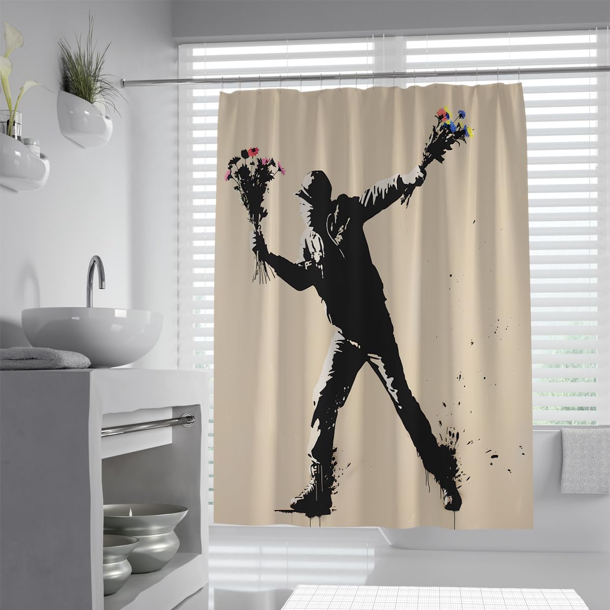 Urban Street Art, Duschvorhang, Mann wirft Blumen, Silhouetten-Illustration, neutraler Tan Creme Stoff, Badezimmervorhang wasserdicht 200 x 240 cm