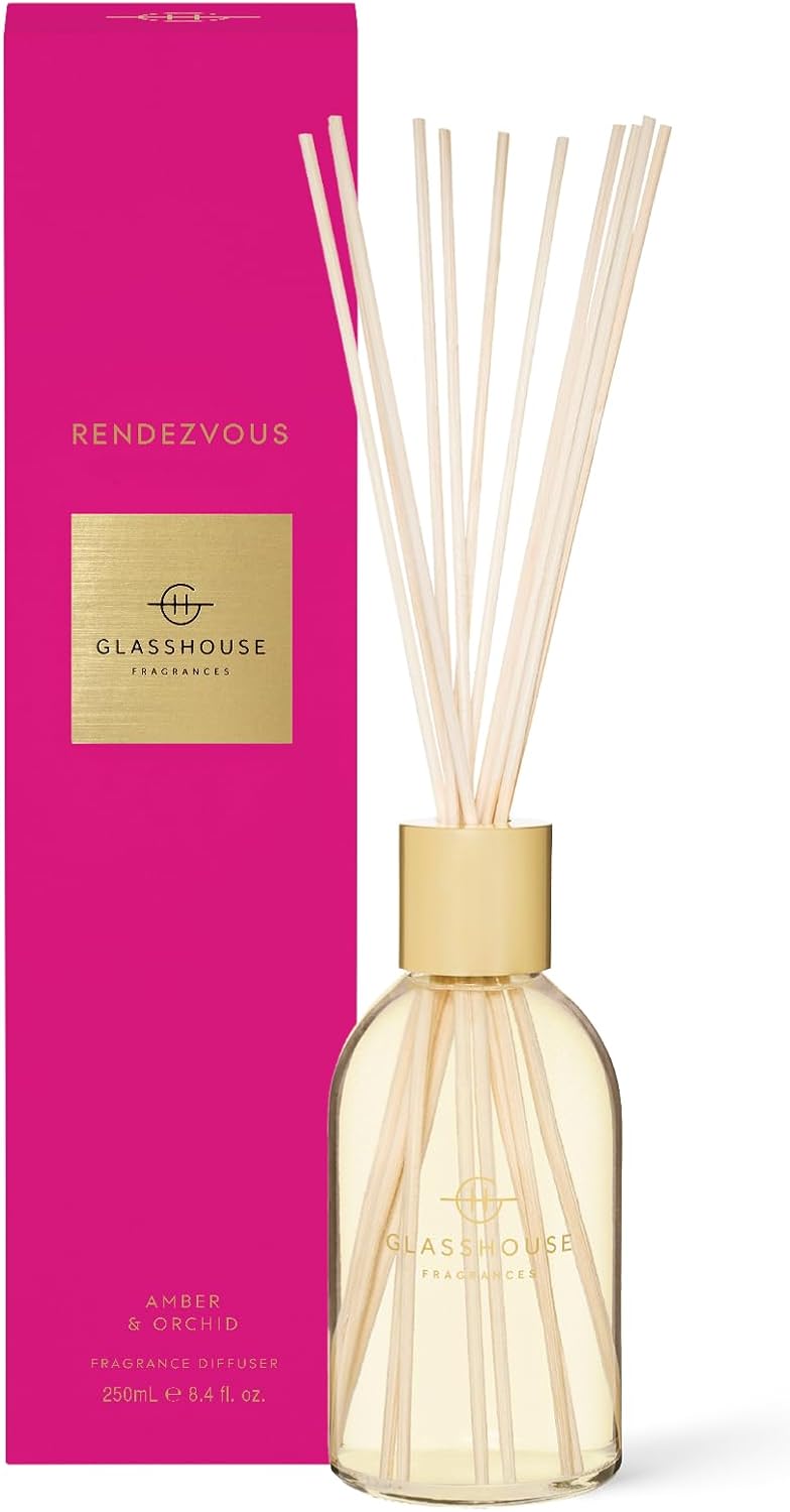 Glasshouse Fragrance Rendezvous Reed Diffuser, Home Fragrance & Perfume Scented Room Décor, Natural & Oil Free, Amber & Orchid 8.4.fl.oz (250mL)