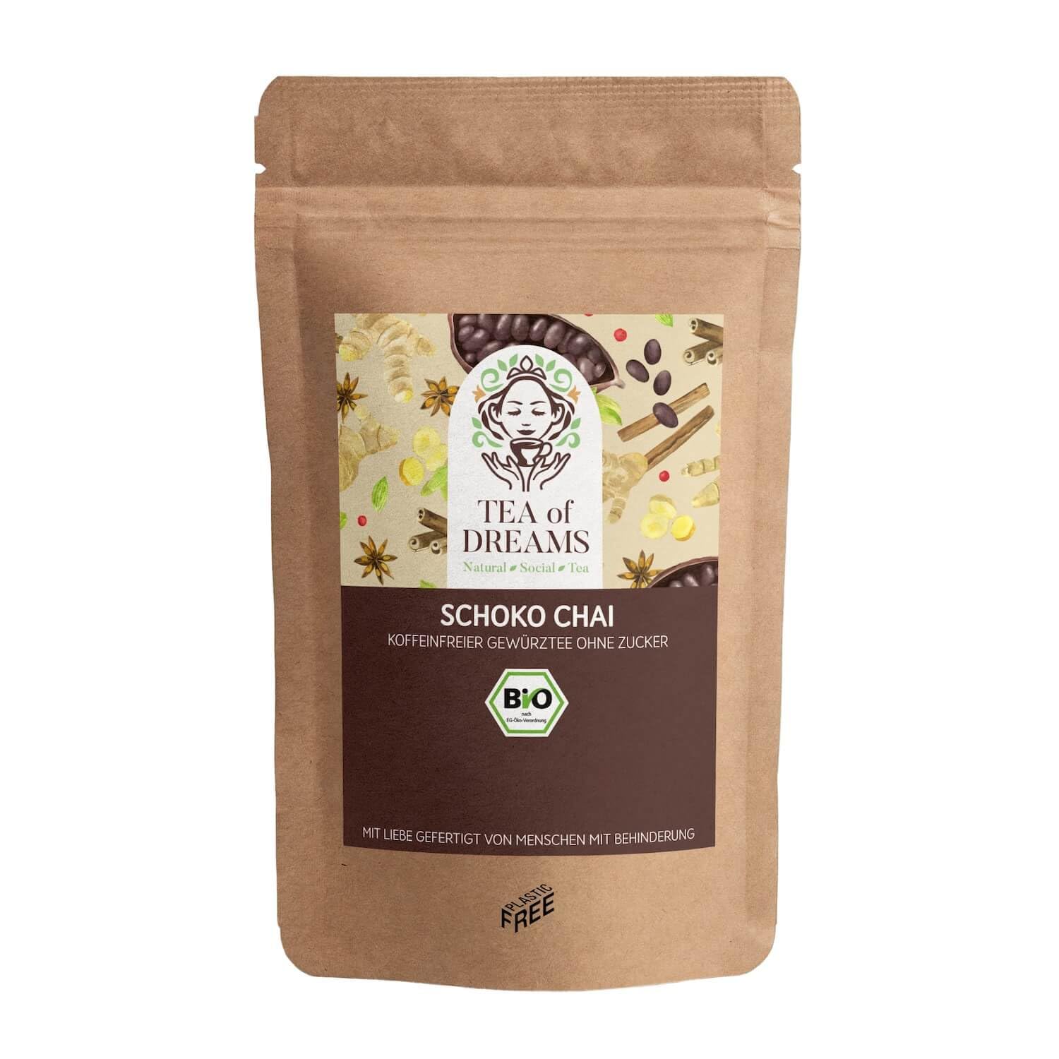 Té orgánico de chocolate chai – Té de hierbas y especias con canela, granos de cacao y jengibre – 200 g