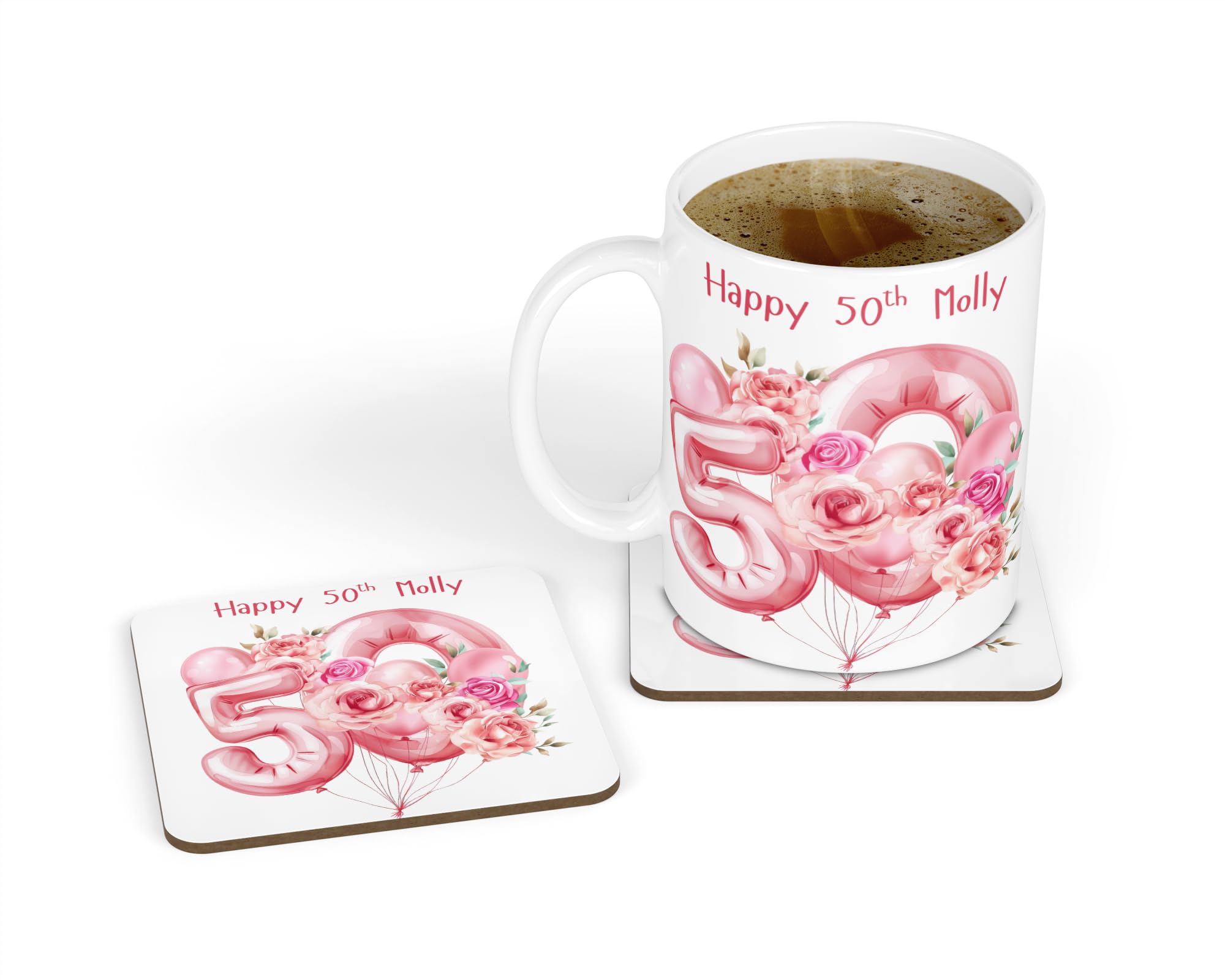 50th Birthday Gift for Her - Personalised White Ceramic Mug & Coaster Gift Set - Pink Balloons Birthday Age 50 Design (50th Birthday)