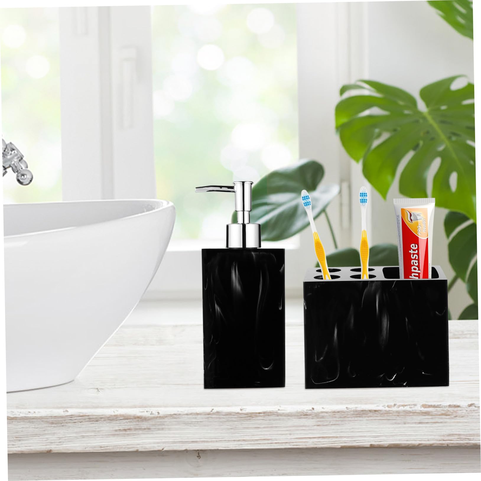 Healifty Set de Accesorios de Baño Diseño Jaspeado, Soporte para Cepillos de Dientes, Botella de Mano, Vasos para Enjuague y Jabonera de Resina Negra Práctica y Cómoda