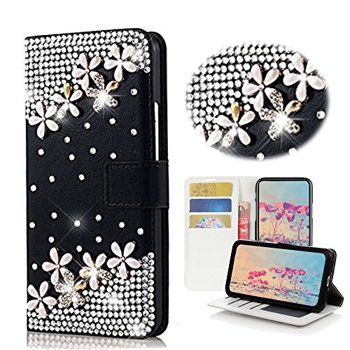 STENES Sparkle Wallet Phone Case Compatible with Google Pixel 2 [Stylish] 3D Handmade Bling Flowers Floral Crystal Diamond Design Girls Women Cover - Black