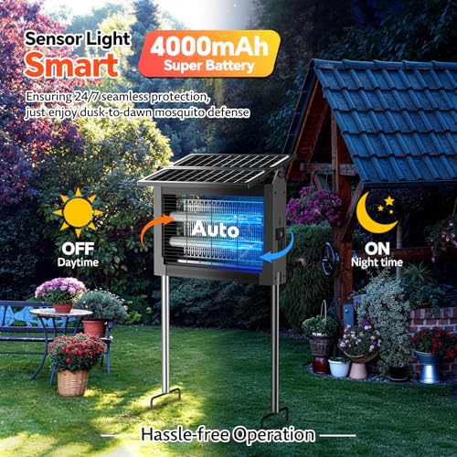 Image of Solar Bug Zapper Outdoor Dual Solar Panel, 4500V Mosquito Zapper Waterproof | IPX5 Waterproof, Auto /Off, Solar Power, USB C Charging, Attract All Types Of Flying Insects, Easy to Maintain, Backyard Ideal