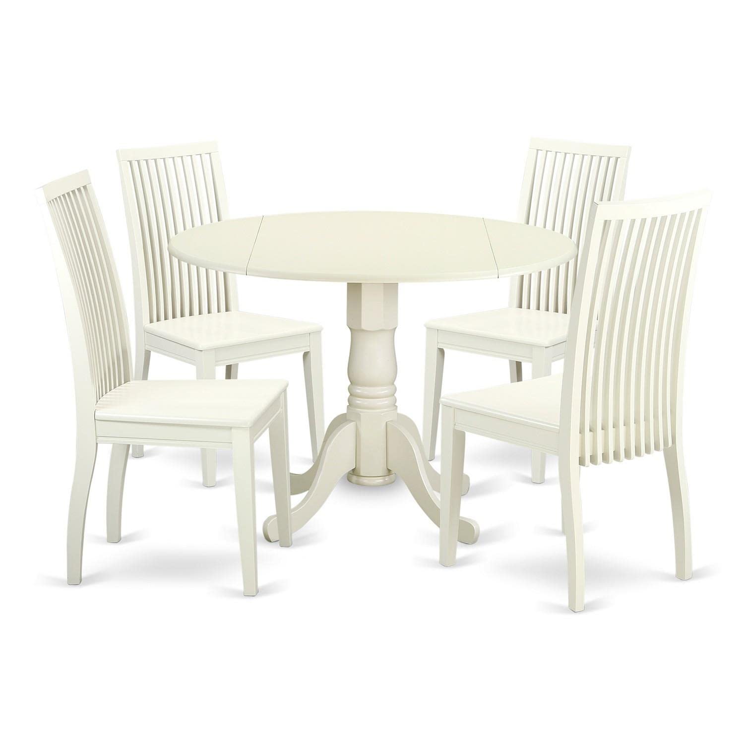 East West Furniture DLIP5-LWH-W 5 Piece Kitchen Table & Chairs Set Includes a Round Dining Table with Dropleaf and 4 Dining Room Chairs, 42x42 Inch,