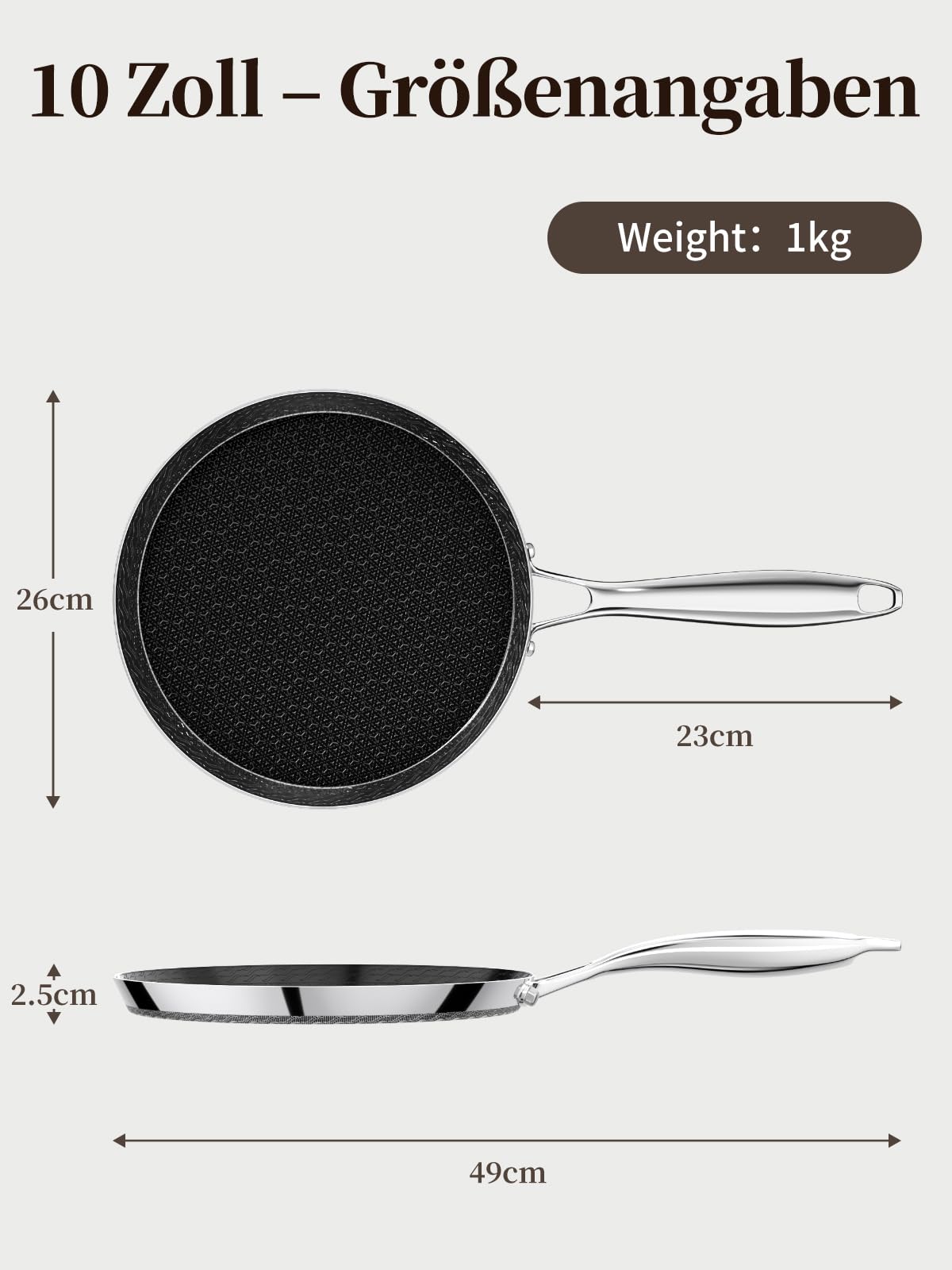 Innerwell 26 cm Crepes Pfanne aus Edelstahl, Pfannkuchenpfanne mit Kratzfeste Antihaftbeschichtung, Omlettpfanne Edelstahlgriff, Schwarz, Induktions Kompatibel，PFOA-frei