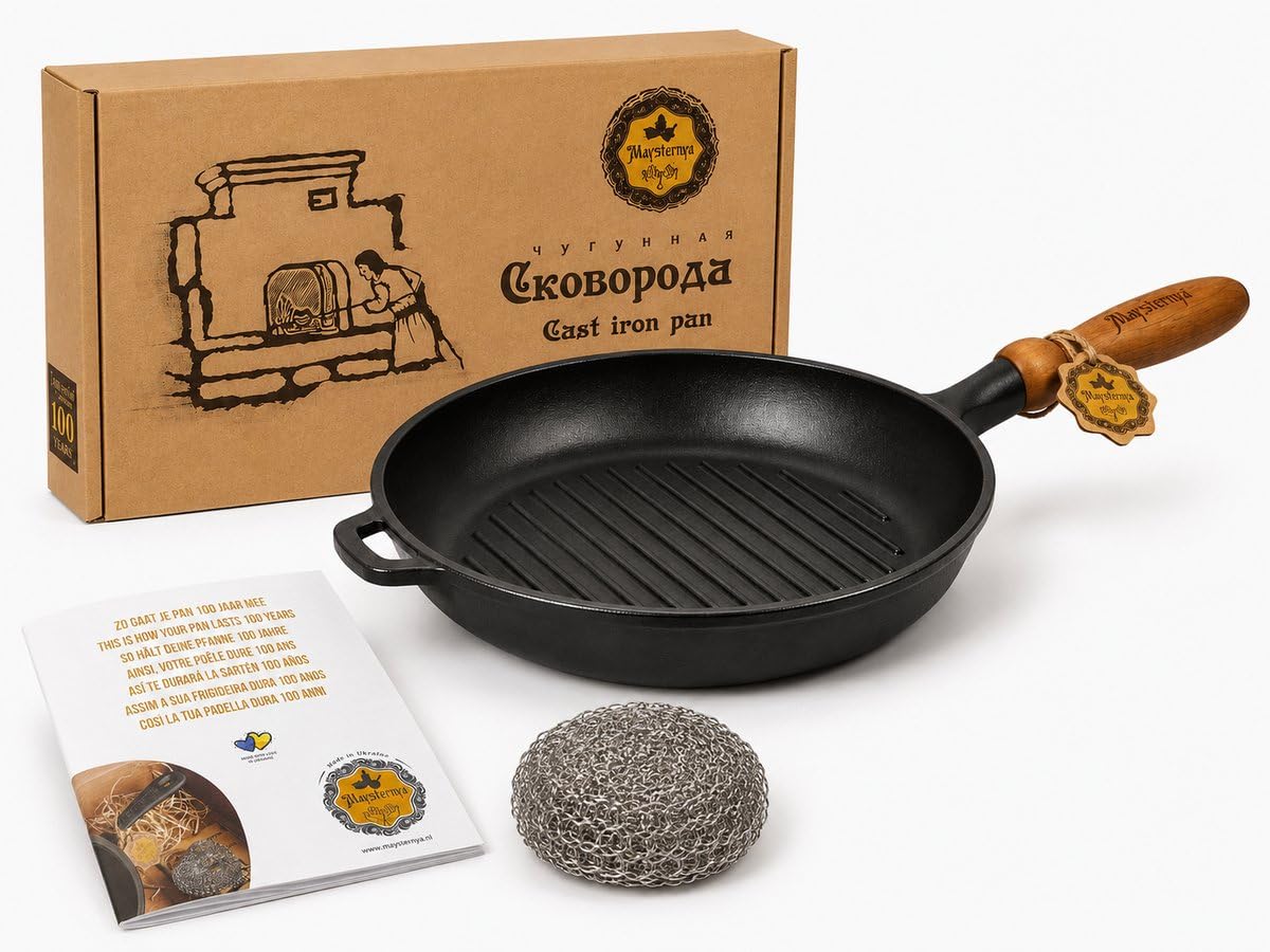 Sartén Grill de Hierro Fundido con Mango de Madera – Ø 24 x 4 cm – Compatible con Inducción – Sartén Universal para Parrilla y Fuego Abierto – Hierro Fundido Robusto – Sin PFAS – Negro